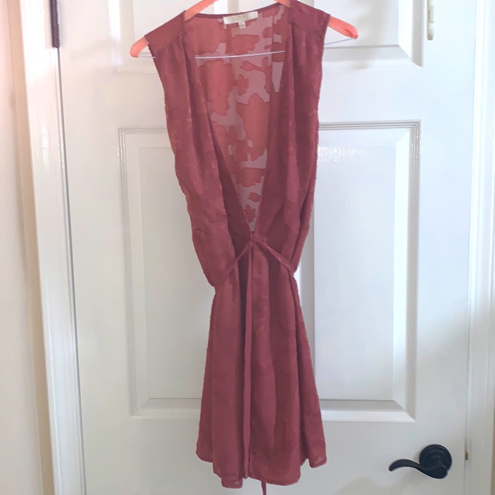 WAYF rose sleeveless wrap dress, partly see threw on upper back, mini dress, MED